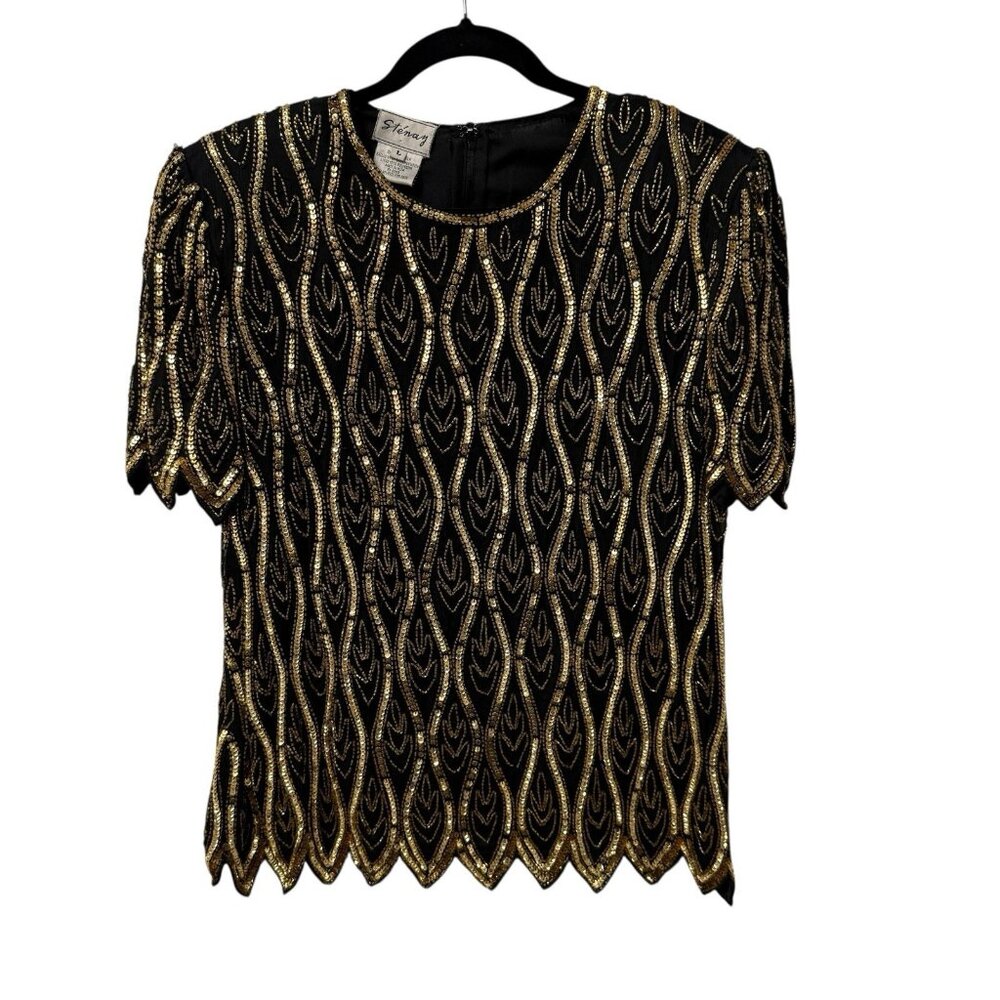 STENAY TOP VINTAGE BEADED SEQUINS SILK ART TO WEAR SCALLOPED SIZE L EMBELLISHED
